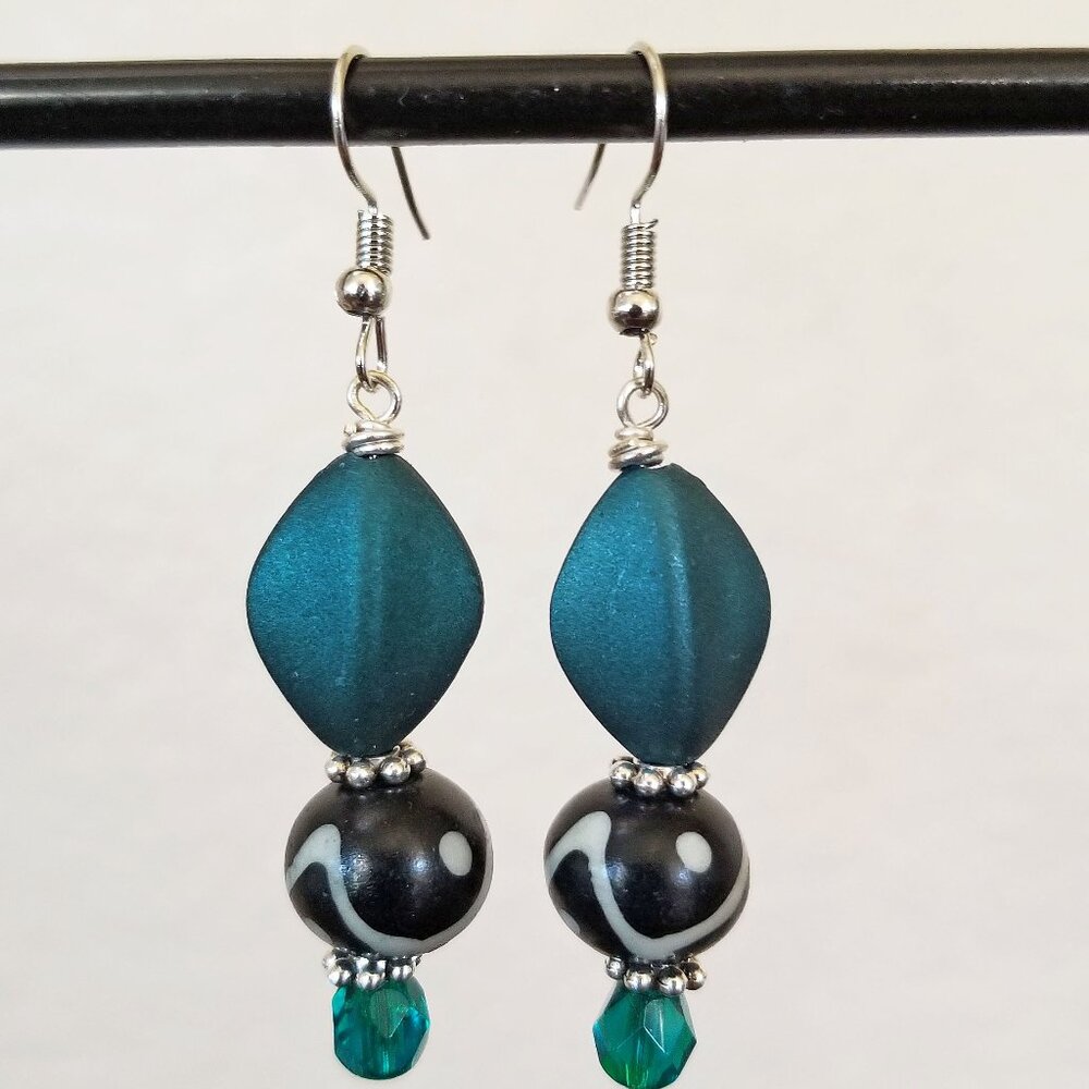 Boho Sterling Silver Teal Blue & Black Ikat Tribal Print Dangle Earrings